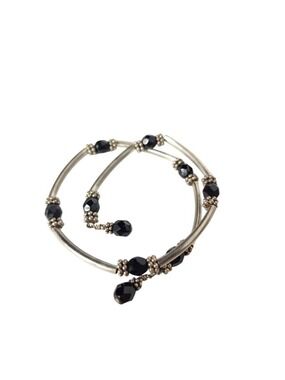 Vintage Black Glass Bead & Silver Tone Tube Memory Wire Wrap Bracelet Goth Boho
